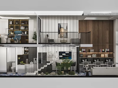 Modern Duplex Apartment Interior With Bookshelves Staircase Sofa TV Plants And Dining Table Chairs 3d model