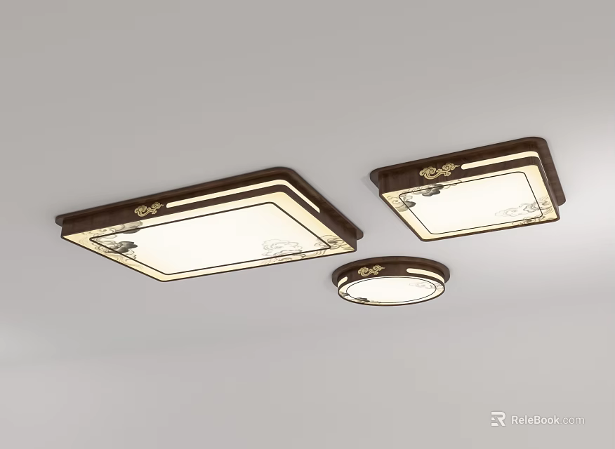 Three Decorative Square and Round Ceiling Lights with Ornate Brown Frames and White Surfaces 3d model