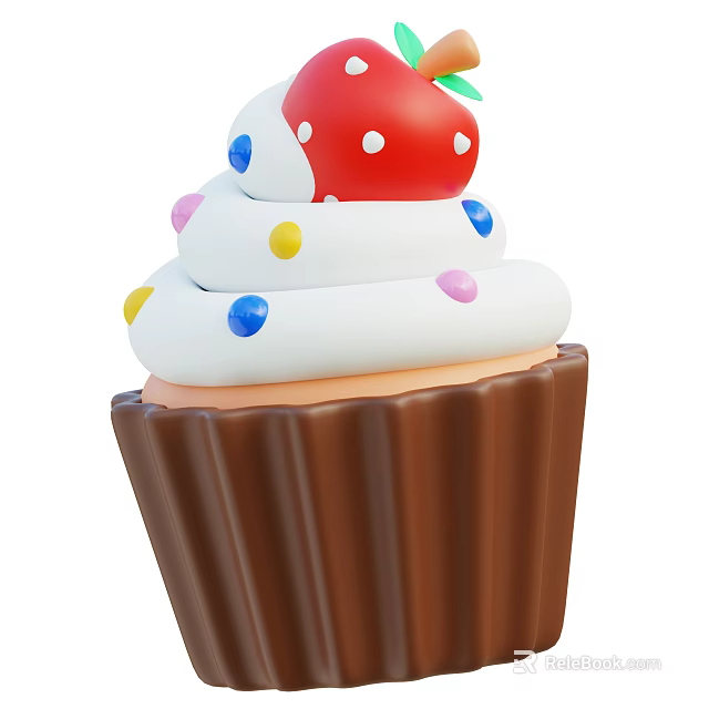 Delicious Cupcake With White Frosting Colorful Dots And Strawberry Topping In Brown Paper Liner 3d model 