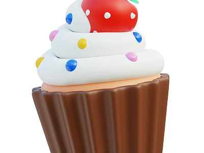 Delicious Cupcake With White Frosting Colorful Dots And Strawberry Topping In Brown Paper Liner 3d model