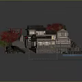 Cartoon Scenic Scene With Japanese Style Houses Red Maple Trees Torii Gate And Water Area