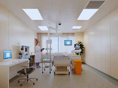Modern Hospital Outpatient Clinic Interior With Doctor Hospital Bed Medical Equipment Computer And Plant 3d model