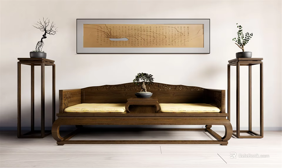 Wooden Carved Arhat Bed With Yellow Mattress Side Plant Stands And Wall Calligraphy Painting 3d model 