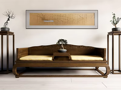Wooden Carved Arhat Bed With Yellow Mattress Side Plant Stands And Wall Calligraphy Painting 3d model