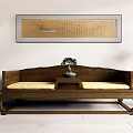 Wooden Carved Arhat Bed With Yellow Mattress Side Plant Stands And Wall Calligraphy Painting