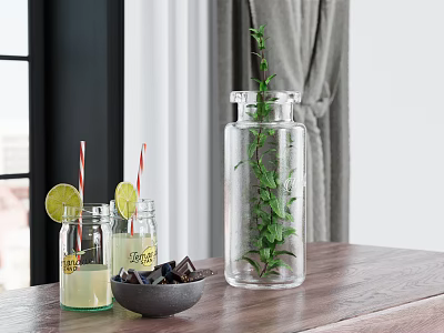 Cozy Wooden Table With Glass Bottles Lemon Drinks Mint And Dark Cube Bowl 3d model