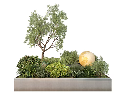 Tall Arbor Tree in Square Planter Box With Green Shrubs and Yellow Decorative Sphere 3d model