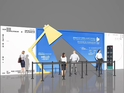 People Waiting At Exhibition Entrance With Queue Barriers Large Screen And Lamp Decoration 3d model