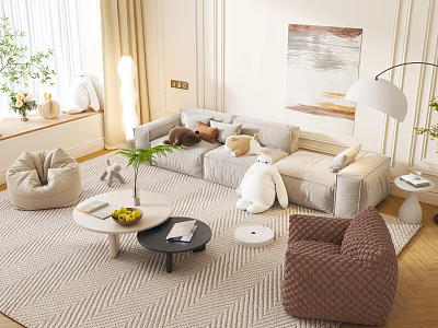 Modern Beige Sofa And Coffee Table Set With Cushions Rug Floor Lamp And Decorative Painting 3d model