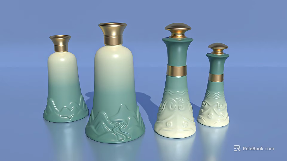 Teal and White Gradient Ceramic Vessels with Golden Lids and Decorative Patterns 3d model