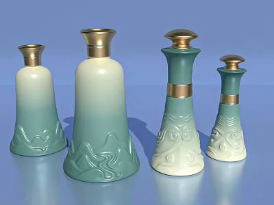 Teal and White Gradient Ceramic Vessels with Golden Lids and Decorative Patterns 3d model