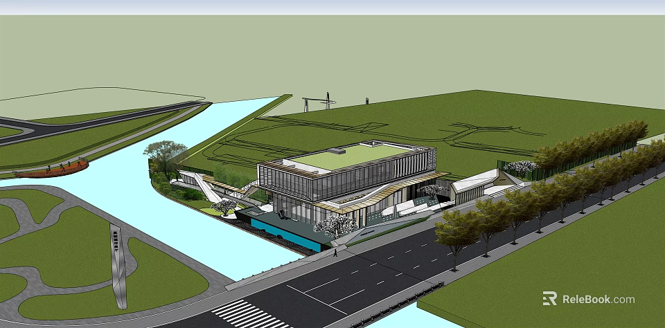 Modern Sales Office Building With Waterfront Location Landscaped Surroundings Trees And Glass Walls 3d model 