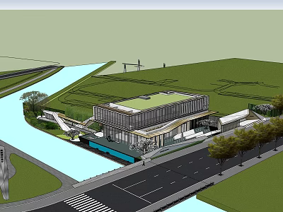 Modern Sales Office Building With Waterfront Location Landscaped Surroundings Trees And Glass Walls 3d model