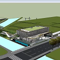 Modern Sales Office Building With Waterfront Location Landscaped Surroundings Trees And Glass Walls