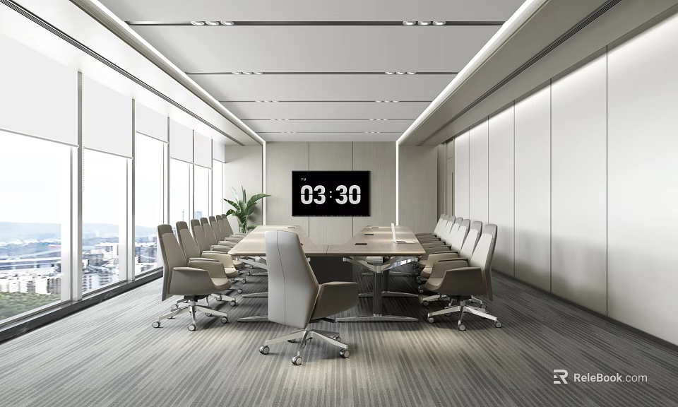 Modern Conference Room With Large Windows City View Long Conference Table Chairs And Large Screen 3d model 