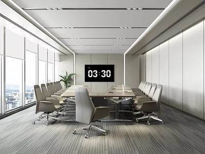 Modern Conference Room With Large Windows City View Long Conference Table Chairs And Large Screen 3d model