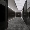 Modern Office Corridor Interior With Metal Striped Wall Gray Carpet And White Square Ceiling