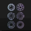 Circular Sculptural Carvings With Intricate Line Patterns Blue Purple Colors On Black Background And Reflections