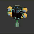 Futuristic Black Device With Golden Spheres Blue Windows Connecting Wires And Conical Base