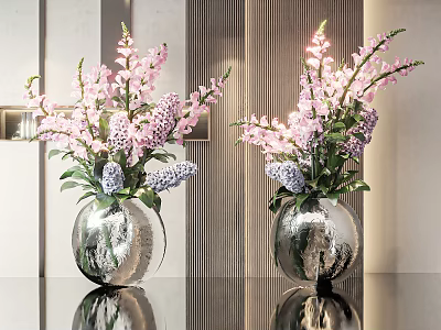 Silver Spherical Vases With Pink Purple Flowers In Modern Minimalist Interior Striped Wall 3d model