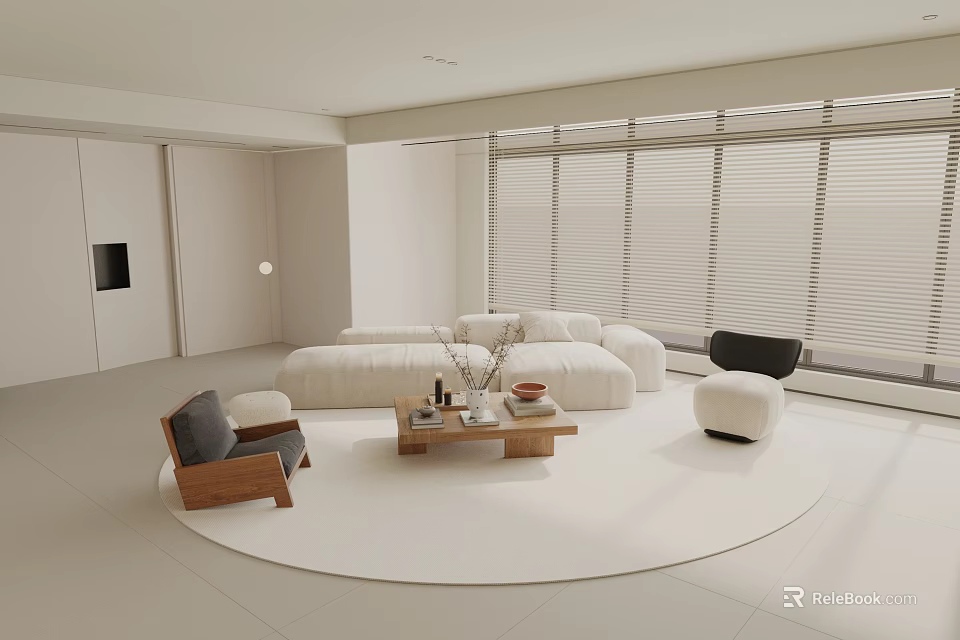 Modern Minimalist Living Room Interior With White Sofa Round Rug And Wooden Coffee Table 3d model 
