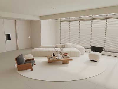 Modern Minimalist Living Room Interior With White Sofa Round Rug And Wooden Coffee Table 3d model