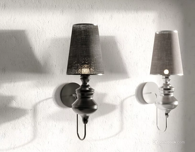 Modern Black and Silver Wall Lamps with Fabric Shades Mounted on White Wall 3d model 