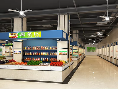 Supermarket Department Store Interior With Organized Shelves Fresh Fruits Vegetables And Merchandise 3d model