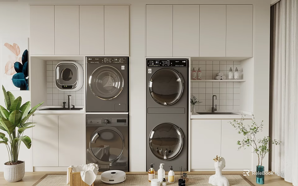 Modern Washing Machine and Dryer in Laundry Room with White Cabinets and Decorative Plants 3d model 