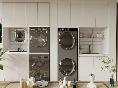 Modern Washing Machine and Dryer in Laundry Room with White Cabinets and Decorative Plants 3d model
