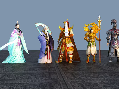 Traditional Costume Characters Featuring Female In Flowing Dresses And Male With Ornate Armor Holding Weapons 3d model
