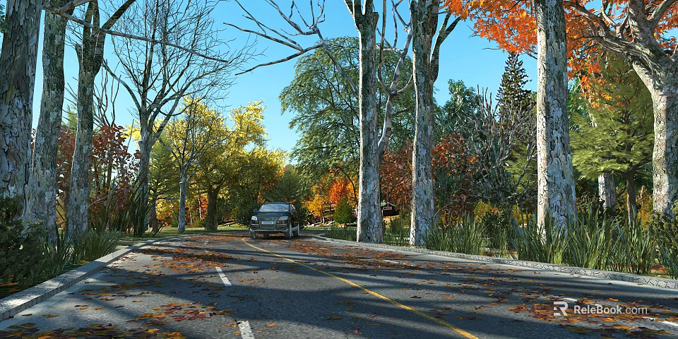 Scenic Autumn Road With Colorful Trees Fallen Leaves Driving Car And Blue Sky 3d model 