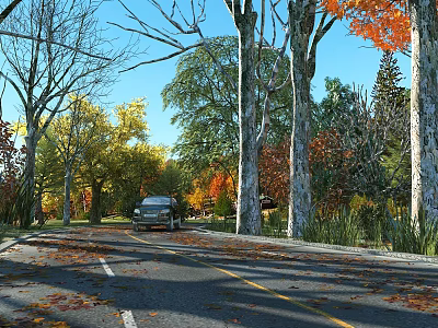 Scenic Autumn Road With Colorful Trees Fallen Leaves Driving Car And Blue Sky 3d model