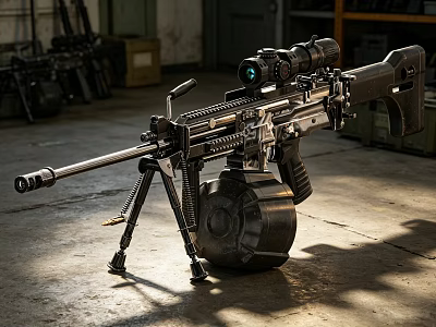 Military Machine Gun with Scope Tripod and Drum Magazine in Armory Setting with Military Equipment 3d model
