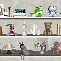 Assorted Stuffed Dolls On Display Shelf With Animal Toys And Decorative Items