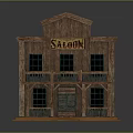 Vintage Saloon Building With Wooden Structure Red Roof Balcony Black Frame Windows And Saloon Sign