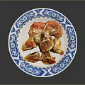 Golden Brown Fried Dumplings With Tomato Sauce And Cheese On Blue White Patterned Plate