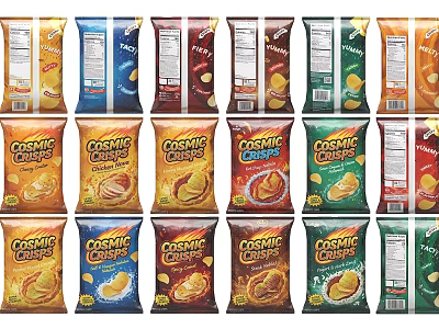 Assorted Cosmic Crunch Chips With Colorful Packaging And Various Flavors 3d model