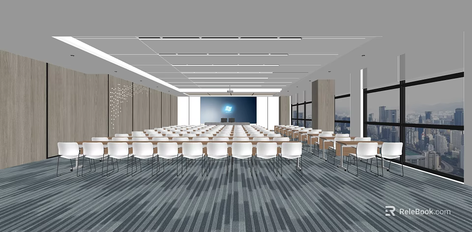 Spacious Conference Room With White Chairs Large Screen And City View Windows 3d model 