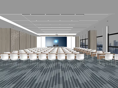 Spacious Conference Room With White Chairs Large Screen And City View Windows 3d model