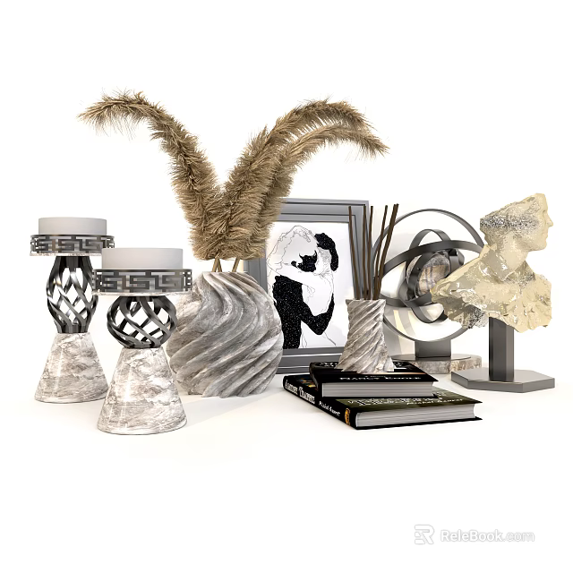 Decorative Ornament Set With Feather Decor Vases Picture Frame Sculpture And Books 3d model 