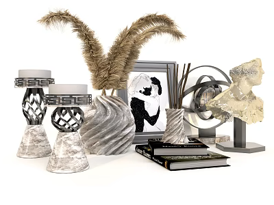 Decorative Ornament Set With Feather Decor Vases Picture Frame Sculpture And Books 3d model