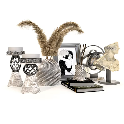 Decorative Ornament Set With Feather Decor Vases Picture Frame Sculpture And Books 3d model