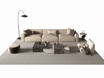 Beige Sofa and Coffee Table Set with Throw Pillows Marble Top Floor Lamp Striped Rug 3d model
