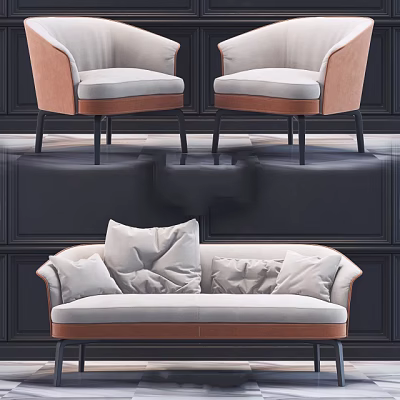 Modern Sofa Set with Accent Chairs Light Gray and Brown Upholstered Black Legs 3d model