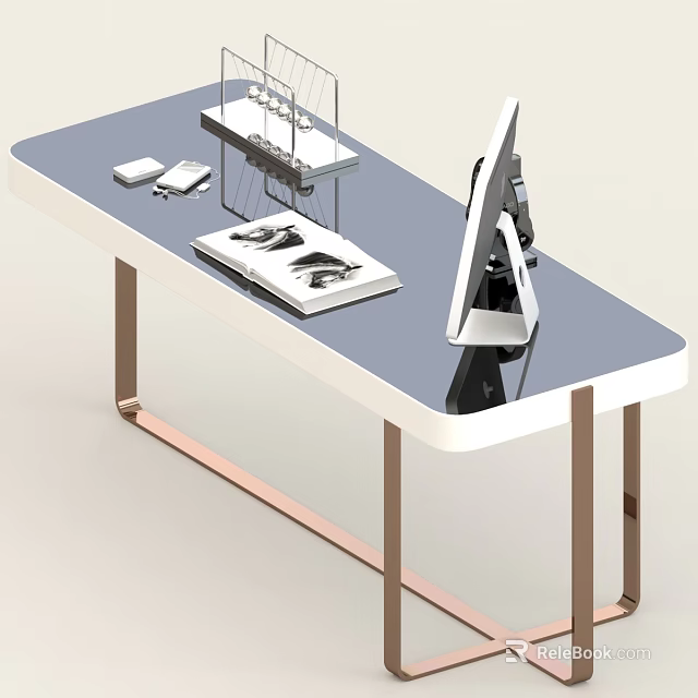Modern Desk With Blue Tabletop Golden Legs Tablet Smartphone Open Magazine And Display Stand 3d model 