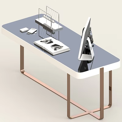 Modern Desk With Blue Tabletop Golden Legs Tablet Smartphone Open Magazine And Display Stand 3d model