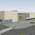 Modern Museum Building With Stone Facade Blue Decorative Elements And Front Lawn Area 3d model