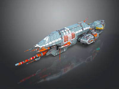 Detailed Sci Fi Spaceship Model With Metallic Gray Orange Mechanical Structure And Cockpit 3d model