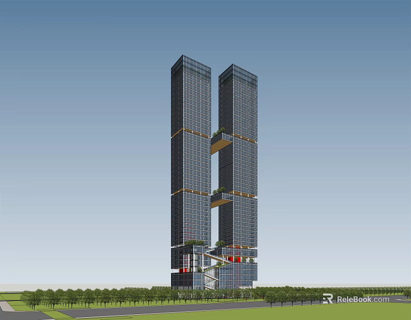 Modern Office Building Featuring Two Tall Towers Glass Facade And Surrounding Greenery 3d model 